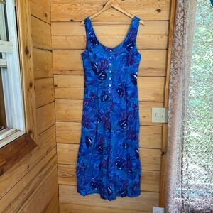 Vintage Floral Wide Leg Jumpsuit Womens 13 14 Blue Purple Palazzo Pants Rayon
